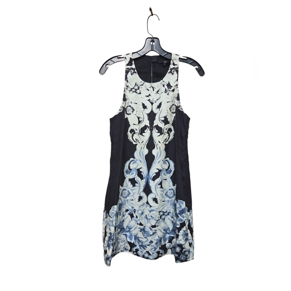 Tibi Black and White Halter Mini Silk Blue Abstract Floral Size 4 - Picture 1 of 4